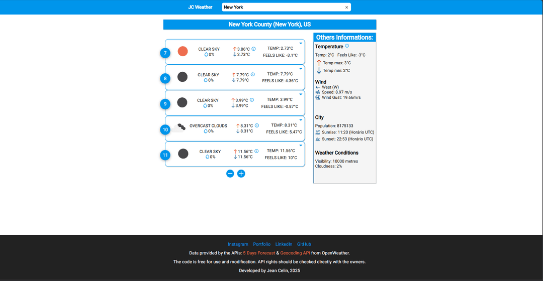 A preview image of the JC Weather website showing weather forecasts.