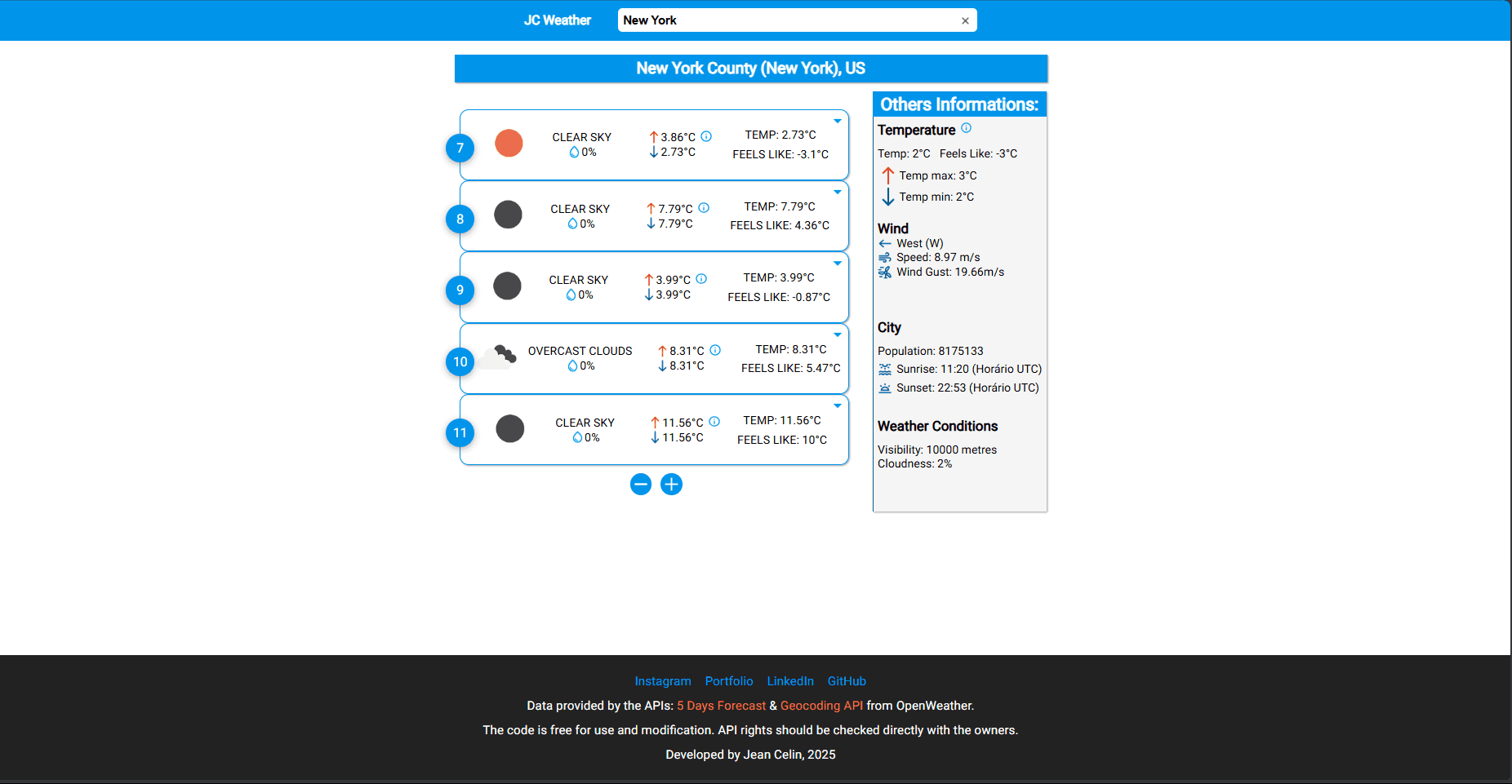 A preview image of the JC Weather website showing weather forecasts.