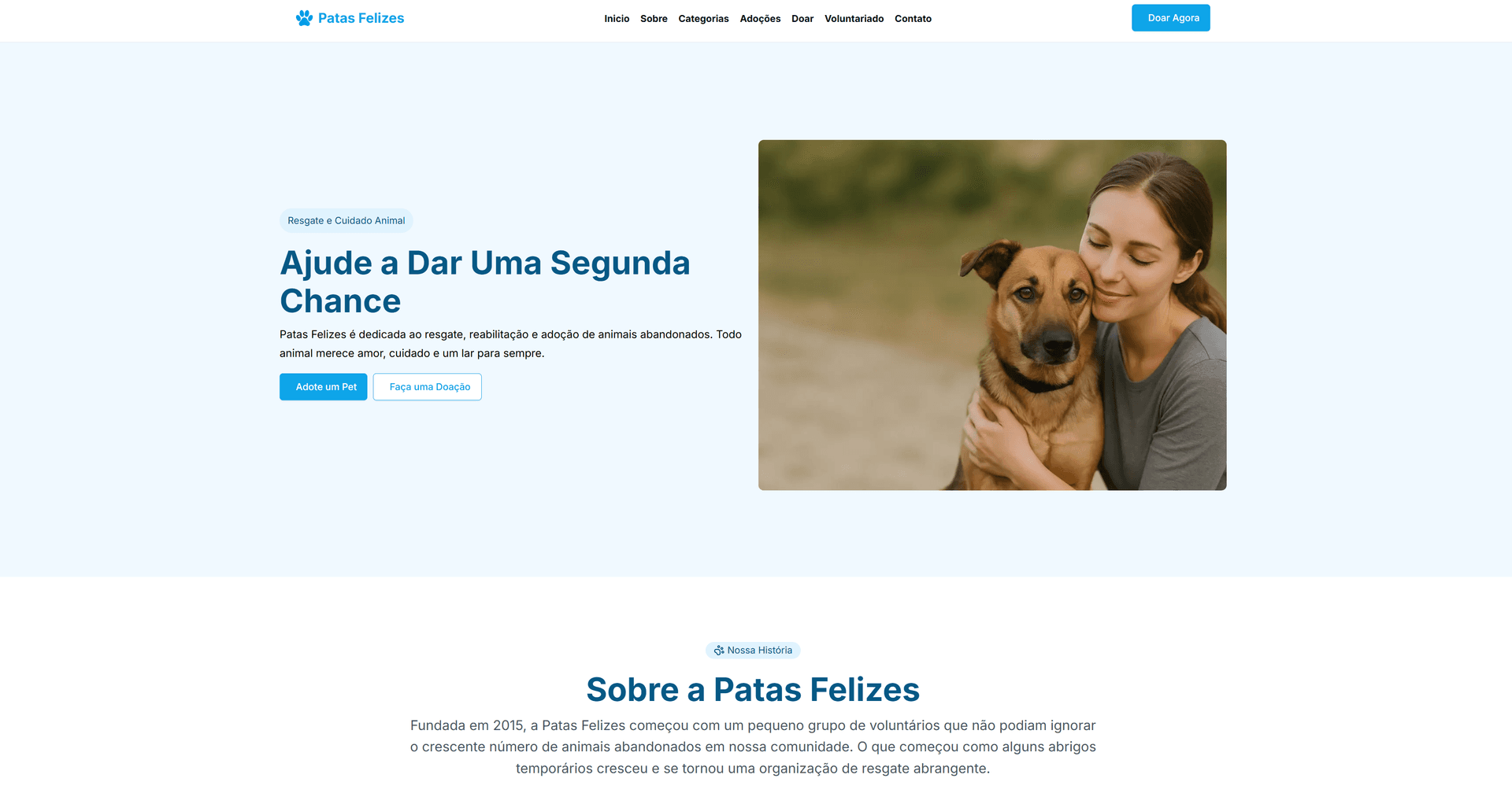 A screenshot of the Patas Felizes homepage.